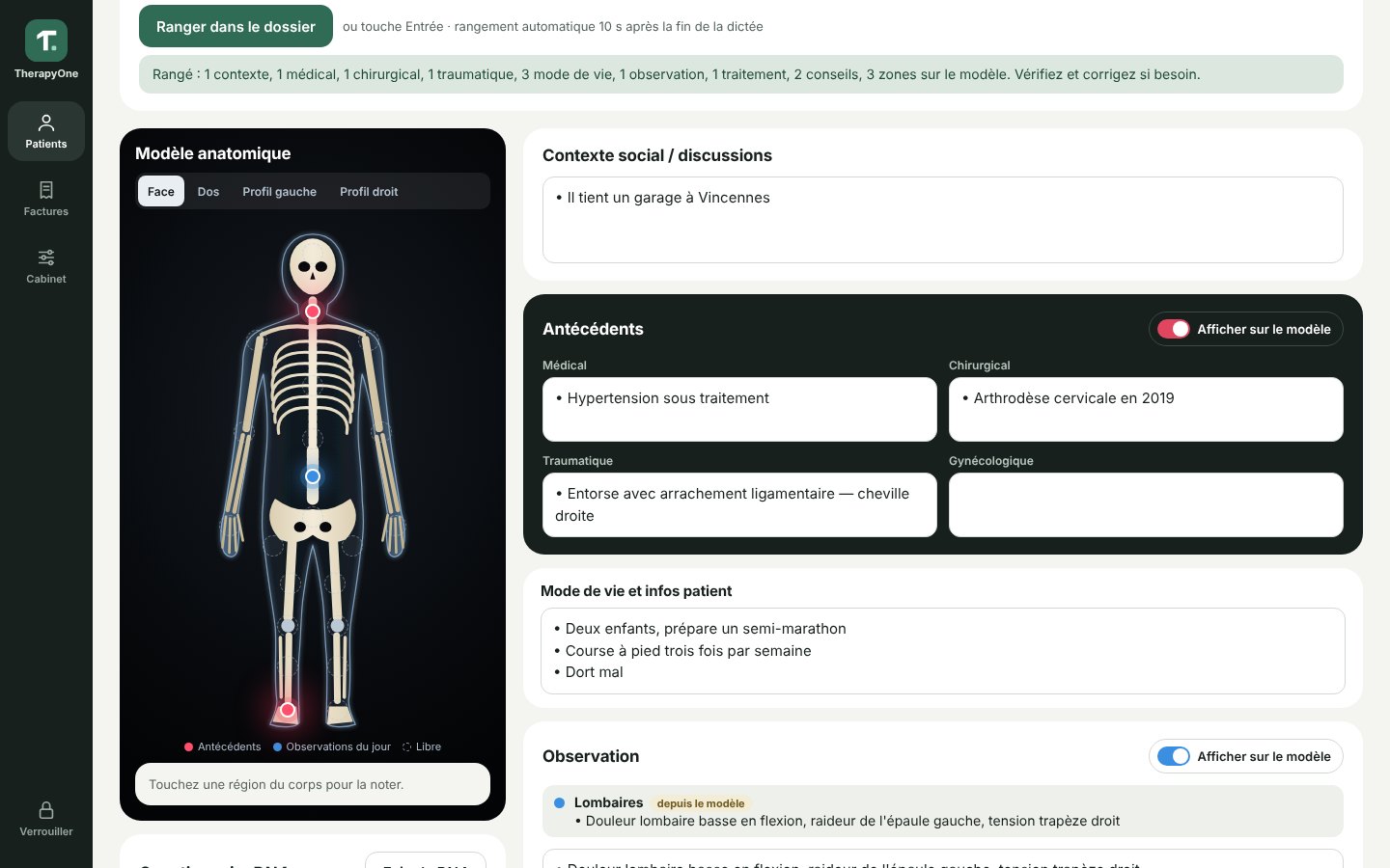 Écran de séance de TherapyOne : modèle anatomique avec les zones d'antécédents en rouge, et le dossier rangé par rubriques